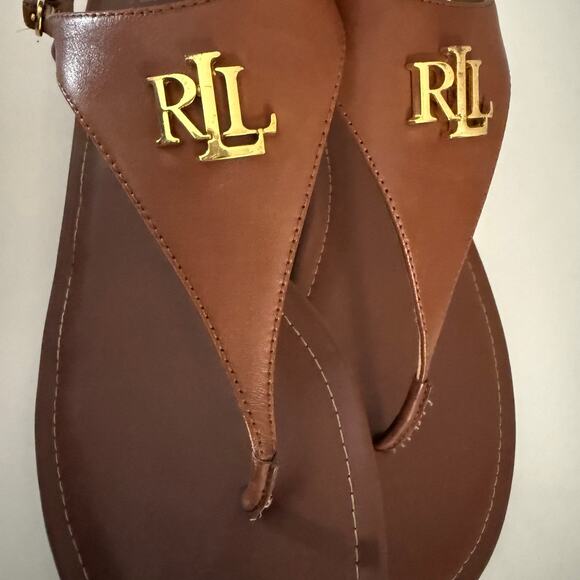 LAUREN RALPH LAUREN Ellington Brown Thong Flat Sandal Monogram Logo 9.5 - Picture 2 of 12